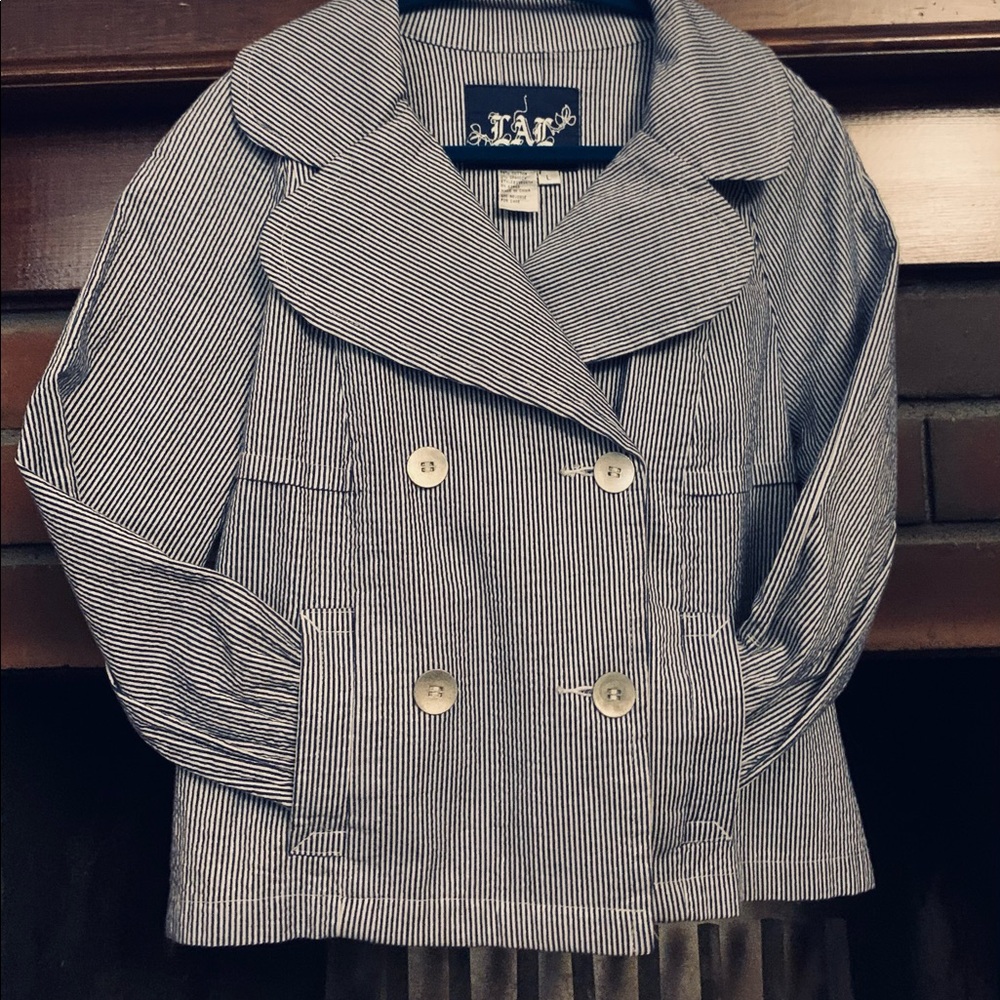 Live a Little Blue Seersucker Jacket sz L - Picture 11 of 16